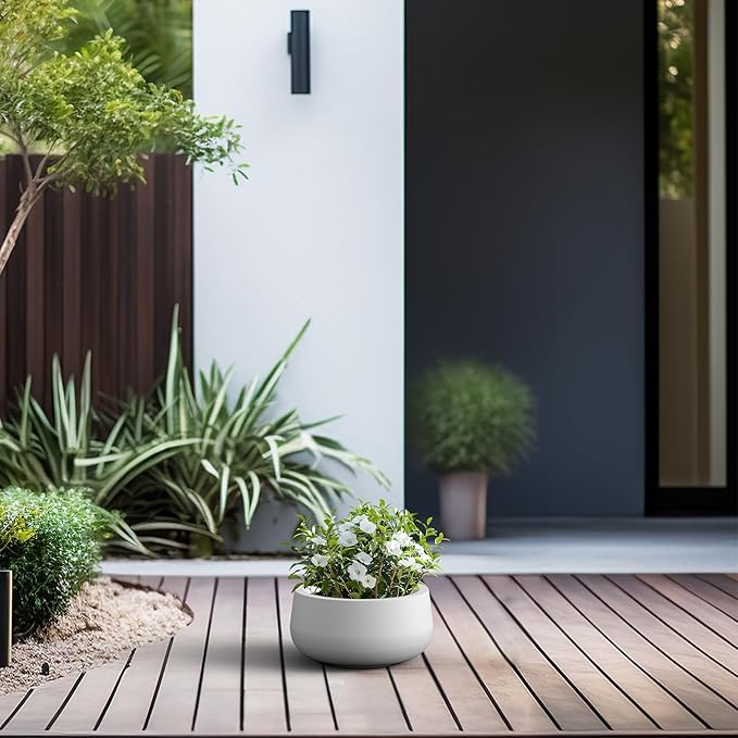 Kante 11.8" Dia Round Concrete Planter, Cement Plant Pots with Drainage Hole and Rubber Plug for Outdoor Indoor Garden Home, Modern Curvaceous Design, Pure White