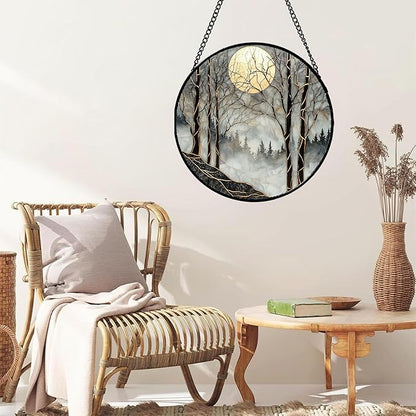 Stained Glass Window Hanging - Black and White Gold Moon Forest Sun Catcher for Door Home Decor Suncatcher Christmas Mother's Day Birthday Gifts for Women Men Lovers Mom Nana 11.8 in