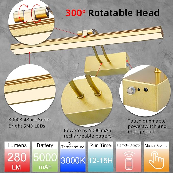 FUNCHDAY Picture Light,Battery Operated Art Lights for Wall,Wireless Remote Painting Light with Timer and Dimmable,16”Metal Display Lighting for Artwork,Portrait,Gallery-Gold-L