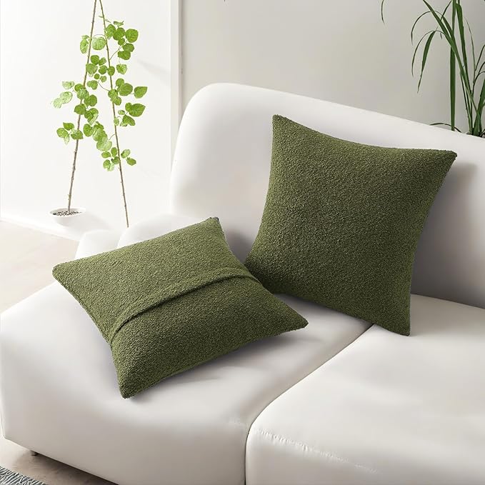HAUSSY Set of 2 18x18 Decorative Throw Pillow Covers, Soft Cozy Textured Boucle Couch Cases, Home Decor for Couch Bed Living Room, Moss Green