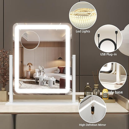HNV Vanity Mirror with Lights – 15"x13" Large Makeup Mirror with Light, 3-Color Dimmable LED, Touch Screen, 360° Rotation, Tabletop Vanity Mirror for Bedroom or Desk (White)