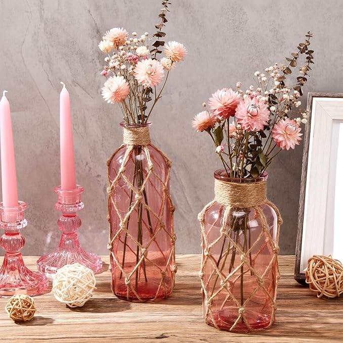 Chuangdi Set of 2 Coastal Glass Vases Christmas Vases for Flowers with Boho Rope Christmas Centerpieces for Tables Small Beach Bottle for Nautical Wedding Floral Arrangement Decorations(Pink)