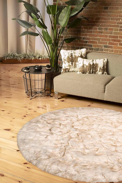 Luxe Gordon Faux Fur Rug with Soft and Fluffy Pile | Machine Washable Living Room Rug with Anti-Slip Backing | Cruelty-Free Area Rugs for Office or Bedroom, Gradient Tan, 6 ft Dia.