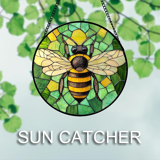 DASTOLL Stained Glass Window Hanging 4 Pcs Set Green Plants Yellow Insect Theme 6.3" - Suncatcher Door Garden Sun Catcher Decor Birthday Christmas for Mom Woman Nana Men