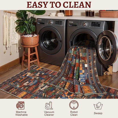 Tangsoo 2x3 Small Rugs for Entryway,Washable Vintage Entry Rug Non Slip, Soft Low Pile Throw Rugs Tribal Front Indoor Rug Small Carpet for Entrance Bedroom Kitchen Laundry Bedside (Red Multi)