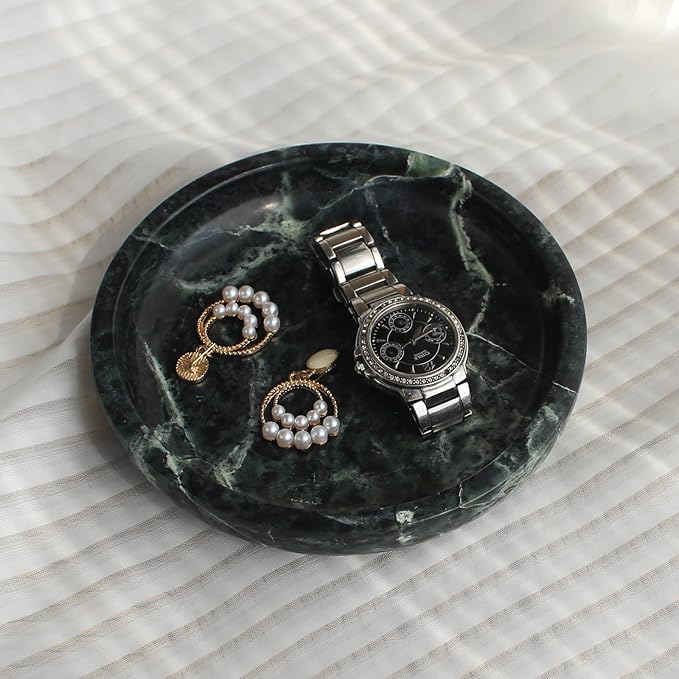 Natural Marble Travertine Ring Dish Jewelry Tray 5.5" for Women, Marble Trinket Dish for Key Earring Nightstand, Mother's Day Engagement Birthday Gift - Verde Guatemala