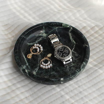 Natural Marble Travertine Ring Dish Jewelry Tray 5.5" for Women, Marble Trinket Dish for Key Earring Nightstand, Mother's Day Engagement Birthday Gift - Verde Guatemala