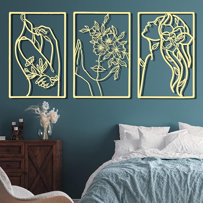CHENGU 3 Pieces Gold Wall Decor Minimalist Wall Art Metal Line Wall Art Wall Decor for Bedroom Single Line Female for Kitchen Bathroom Living Room(Flower)