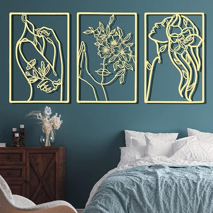 CHENGU 3 Pieces Gold Wall Decor Minimalist Wall Art Metal Line Wall Art Wall Decor for Bedroom Single Line Female for Kitchen Bathroom Living Room(Flower)