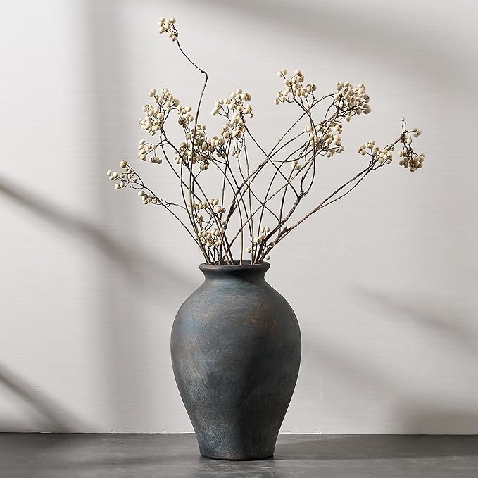 SIDUCAL Ceramic Vintage Flower Vase | 9 Inch Large Pottery Rustic Farmhouse Boho Vase for Home Decor, Table, Living Room, Bathroom, Coffee Desk, Shelf, Mantel Decoration, Wedding, Bronze