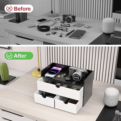 Wisuce Desk Organizer with Drawers - Bamboo Desktop Organizer Storage | Black-White Wood Desk Makeup Dresser Top Organizer for Cosmetics No Assembly Required