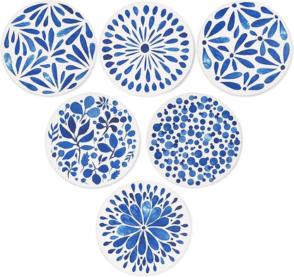 AD Set of 6 Coasters for Drinks Absorbing Round Ceramic Stone Coaster with Cork Base,Tabletop Protection Mat for Mugs and Cups,Office,Kitchen (Indigo Blue)