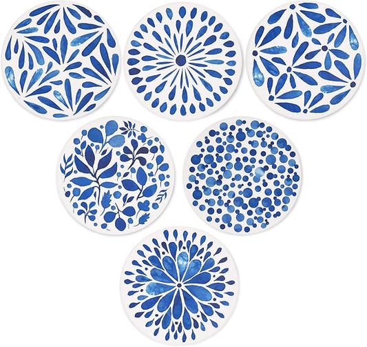 AD Set of 6 Coasters for Drinks Absorbing Round Ceramic Stone Coaster with Cork Base,Tabletop Protection Mat for Mugs and Cups,Office,Kitchen (Indigo Blue)