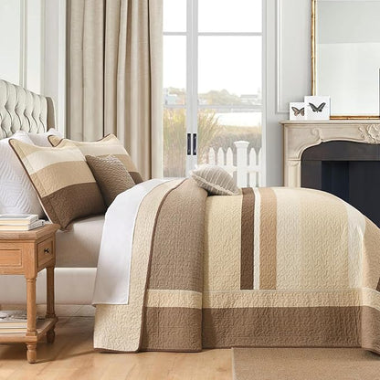 SahSahCasa 120"x102" 100% Cotton Oversized Queen Bedspread Coverlet Quilt Set, Queen Quilted Striped Bedspread Extra Large Quilt, XL Bed Spread Lightweight Comforter, 3pc, Brown/Beige