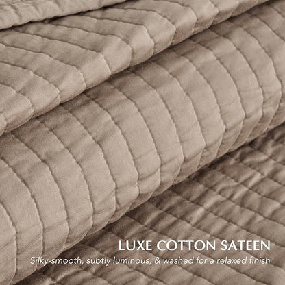 EVERGRACEHOME Cotton Sateen Quilt Set Queen Size, Pre-Washed Cotton Channel Stitch Coverlet Bedspread, 3 Pieces Lightweight Soft Bedding Sets for All Season, with 2 Pillow Shams, Stone Taupe