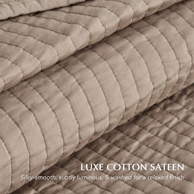 EVERGRACEHOME Cotton Sateen Quilt Set King Size, Pre-Washed Cotton Channel Stitch Coverlet Bedspread, 3 Pieces Lightweight Soft Bedding Sets for All Season, with 2 Pillow Shams, Stone Taupe