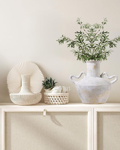 UPWOIGH Ceramic Flower Vase, 9.3 inch Tall Off-White Farmhouse Rustic Vase, Handcrafted Weathered Handles Pottery Vases, Large Flower Terracotta Vases for Home Decor, Living Room, Table, Shelf