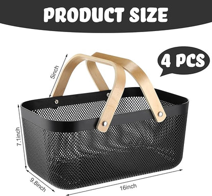 Sadnyy 4 Pcs Plastic Mesh Garden Harvest Basket Storage Basket with Wooden Handle Multi Functional Mesh Bin for Kitchen Cabinet Picnic Fruit Vegetable Gathering Organizer(Large,Black)