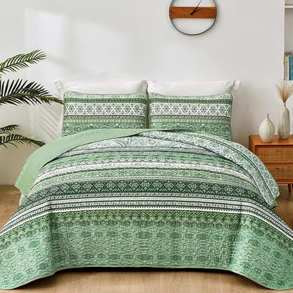 WONGS BEDDING Boho Queen Quilt Set, Light Green Bohemian Quilt Bedding Set, Lightweight Bed Decor Bedspread for All Season Reversible Microfiber Coverlet Bedding Set 96"x90"(3 Pieces)