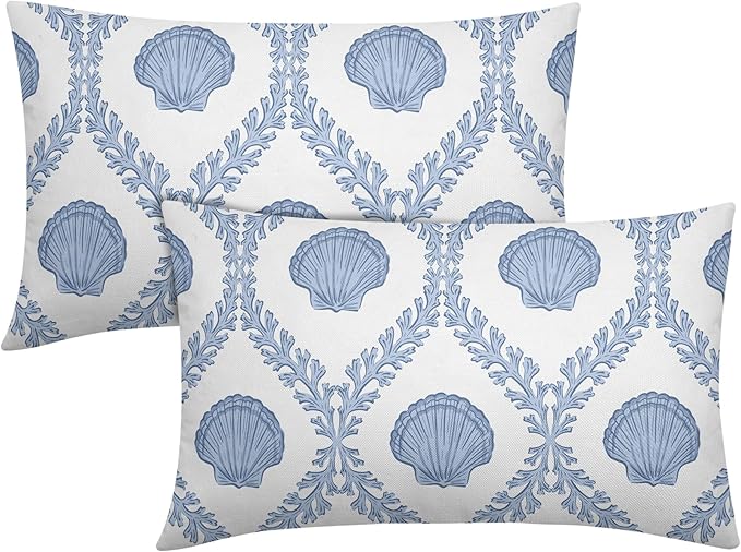 Light Blue Coastal Lumbar Pillow Covers 12x20 Set of 2 Ocean Coral Shell Outdoor Decorative Linen Summer Throw Pillows Cases with Zipper Cushion Cover Rustic Decoration Farmhouse Sofa Couch Bed Decor