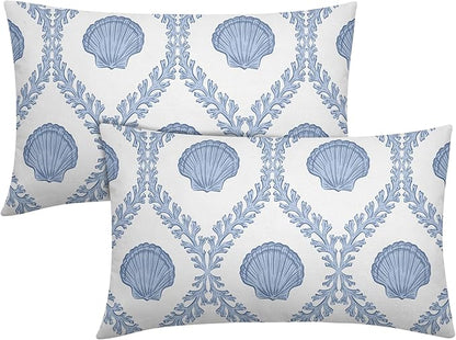 Light Blue Coastal Lumbar Pillow Covers 12x20 Set of 2 Ocean Coral Shell Outdoor Decorative Linen Summer Throw Pillows Cases with Zipper Cushion Cover Rustic Decoration Farmhouse Sofa Couch Bed Decor