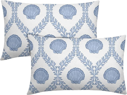 Light Blue Coastal Lumbar Pillow Covers 12x20 Set of 2 Ocean Coral Shell Outdoor Decorative Linen Summer Throw Pillows Cases with Zipper Cushion Cover Rustic Decoration Farmhouse Sofa Couch Bed Decor