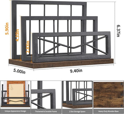 Snughome Desktop Mail Organizer, Desk Mail Organizer with 2-Slot Matte Black Metal Desktop Mail Sorter, Metal Storage File Holder Letter Sorter Organizer for Home or Office, Rustic Brown