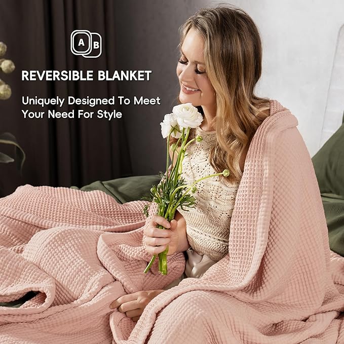 PHF 100% Cotton Waffle & Muslin Blanket Queen Size, Soft Breathable Luxury 400GSM Versatile Reversible Bedding for Bed, Great for Layering in Cold Weather, Home Decor Gift, 90" x 90", Rose Smoke