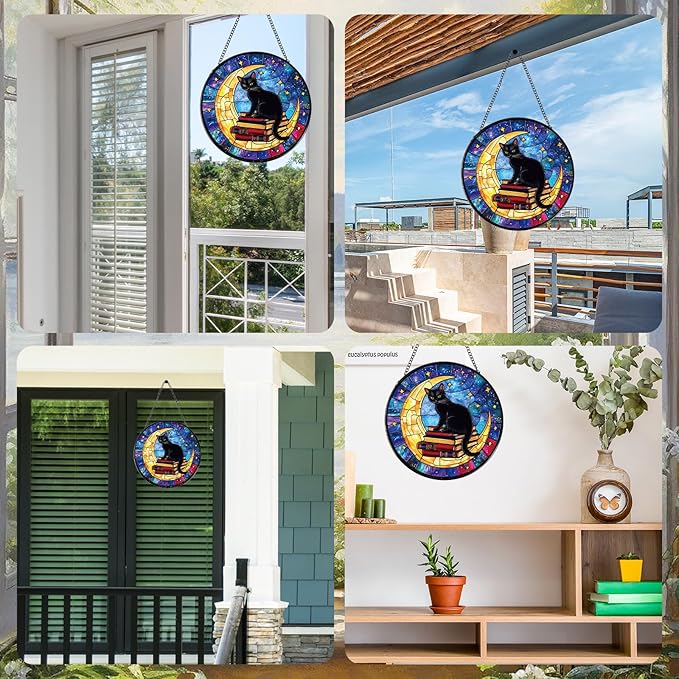 Rngmsi Cat and Moon Stained Glass Window Hanging Gifts, 7.8″ Sun Catchers for Indoor Window Decor, Decorative Sun Catchers Home Wall Art Gift for Thanksgiving Christmas Wedding Housewarming