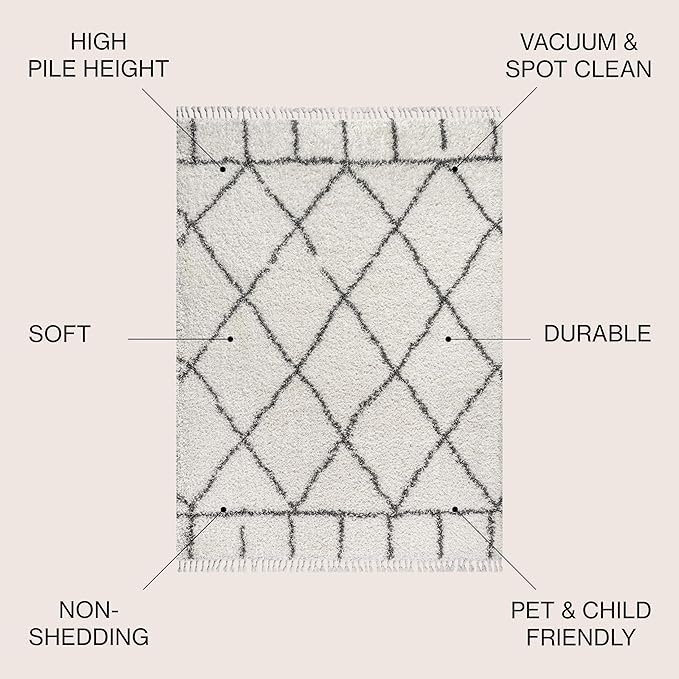 JONATHAN Y Mercer Shag Plush Tassel Ivory/Gray Indoor Area Rug, 4x6, Moroccan Geometric Trellis, Easy-Cleaning for Living Room, Bedroom, Kitchen, Pet Friendly, Non-Shedding (MCR101B-4)
