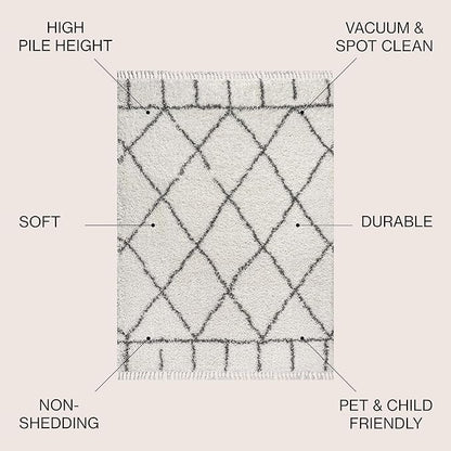 JONATHAN Y Mercer Shag Plush Tassel Ivory/Gray Indoor Area Rug, 4x6, Moroccan Geometric Trellis, Easy-Cleaning for Living Room, Bedroom, Kitchen, Pet Friendly, Non-Shedding (MCR101B-4)