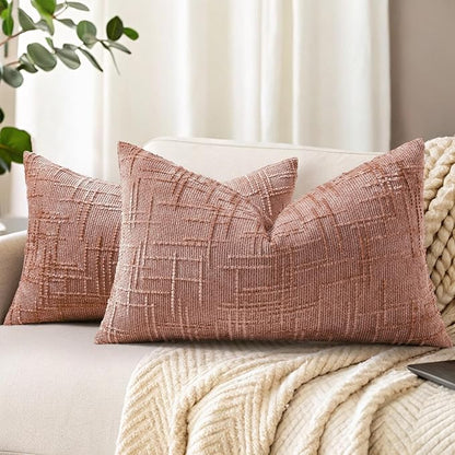 decorUhome Spring Pink Chenille Throw Pillow Covers 12x20 Set of 2 Textured Slubby Couch Pillow Covers Farmhouse Accent Modern Neutral Decorative Pillow Cases for Bed Sofa Living Room
