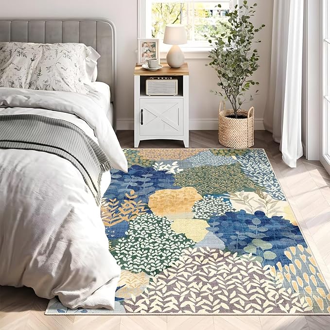 DEXDE Washable Area Rug 3x5 Low Pile Non-Slip Boho Small Carpet with Botanical Leaf Pattern, Soft Machine Washable Rug for Bedroom, Entryway, Living Room, Kitchen, Office, Blue