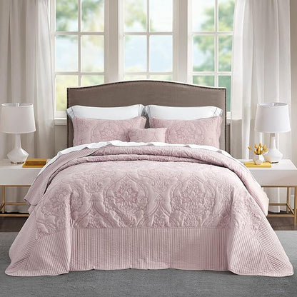 CHIXIN Bedspread Coverlet Set Queen Size - Lightweight Bedding Cover - Beautiful Stitching - 5 Piece Reversible Bedspread - Gorgeous Damask Paisley Pattern (Queen, Pale Rose)