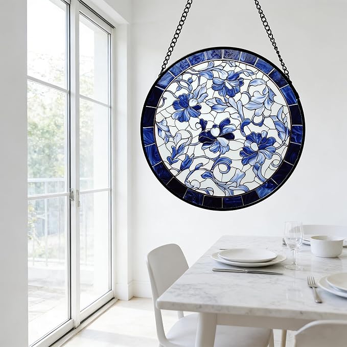 Stained Glass Window Hanging, Blue and White Abstract Flowers Sun Catcher for Door Home Decor Suncatcher Christmas Mother's Day Birthday Gifts for Women Men Mom and Nana 15 in