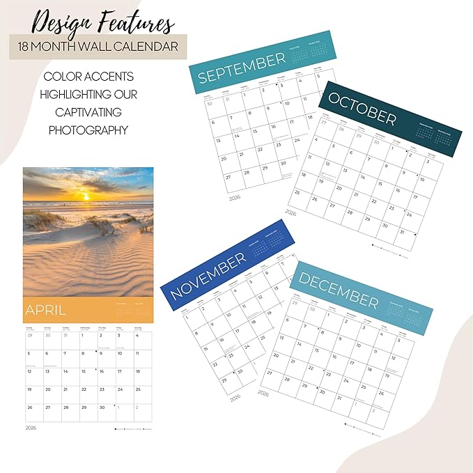 Beach Calendar 2026 | 12" x 24" Open | Giftable Paradise Calendar 2026 | Thick & Sturdy Paper for Planning | Pacific Waters Press (Beaches)