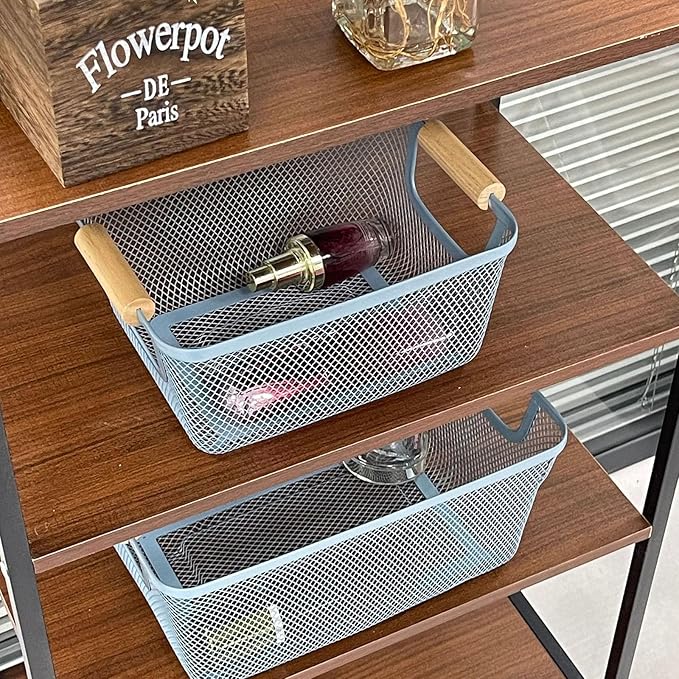 Metal Mesh Steel Basket, Medium Wire Storage Organizer Basket Multi-function Hanging Kitchen Basket with Wood Handle for Kitchen Bathroom Picnic Home, Rectangle-Blue