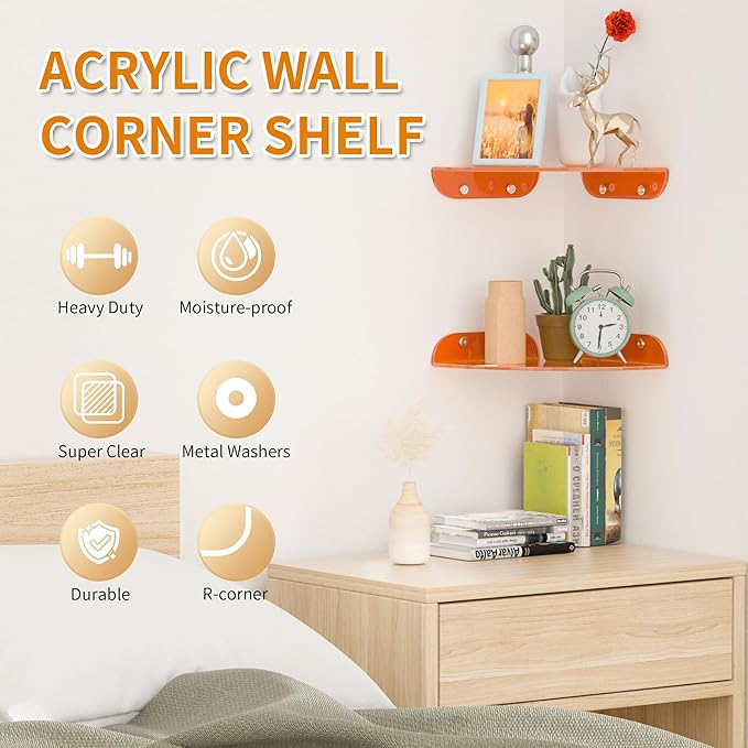Sezanrpt 9.5x9.5 Inch Acrylic Corner Floating Shelf Set of 2, Orange Corner Wall Shelf for Home Décor, Speakers, Security Cameras, Toileries, Plants, Figures, Cosmetics, Books