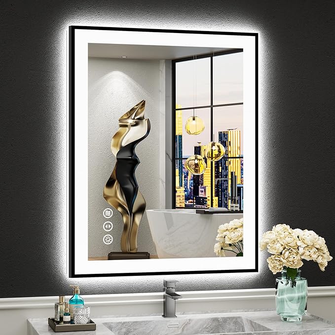 24x30 Black Framed LED Bathroom Mirror with Lights, Backlit + Front Lit, Anti-Fog Lighted Vanity Mirror for Bathroom Wall with 3 Colors, Dimmable, Memory, Tempered Glass, Horizontal/Vertical