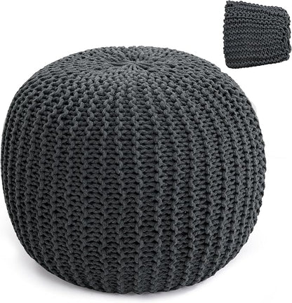 HOMBYS Unstuffed Ottoman Pouf Cover, 100% Cotton Handmade Knitted Ottoman Pouf Cover Round Foot Stool, Floor Bean Bag Chair, Foot Rest with Storage for Living Room Bedroom, Grey(Cover ONLY NO Filler)