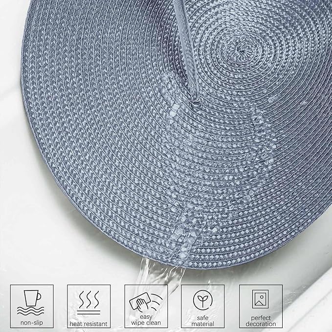 AHHFSMEI Round Braided Placemats 15 Inch Round Table Mats for Dining Tables Natural Woven Heat Resistant Place mats Set of 6 (Light Blue)