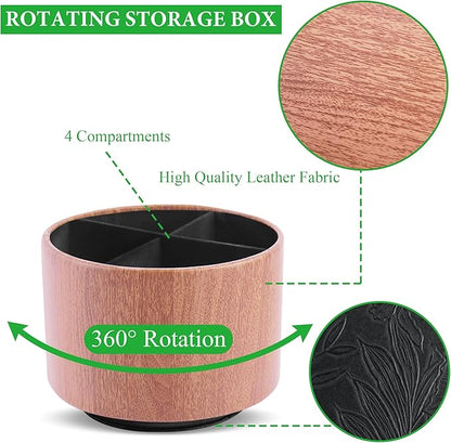 Round Leather Art Supply Organizer,Remote Control Holder,360 Degree Spinning,Multi-Functional Pencil Holder,4 Compartments Desktop Stationary Organizer(1-Thin Wood Ligh Brown)