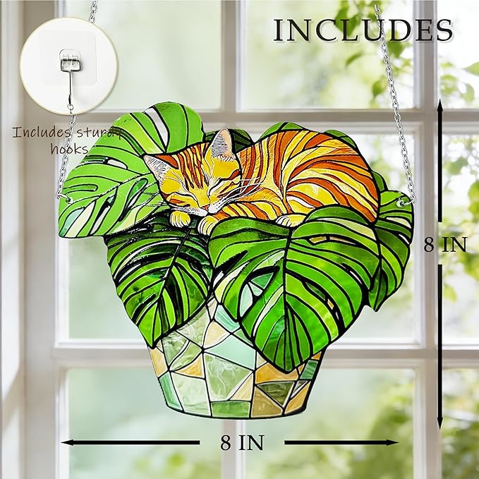 Cat Stained Glass Suncatcher Window, Cat Sun Catchers Indoor Window, Suncatcher for Mom/Women (Orange)