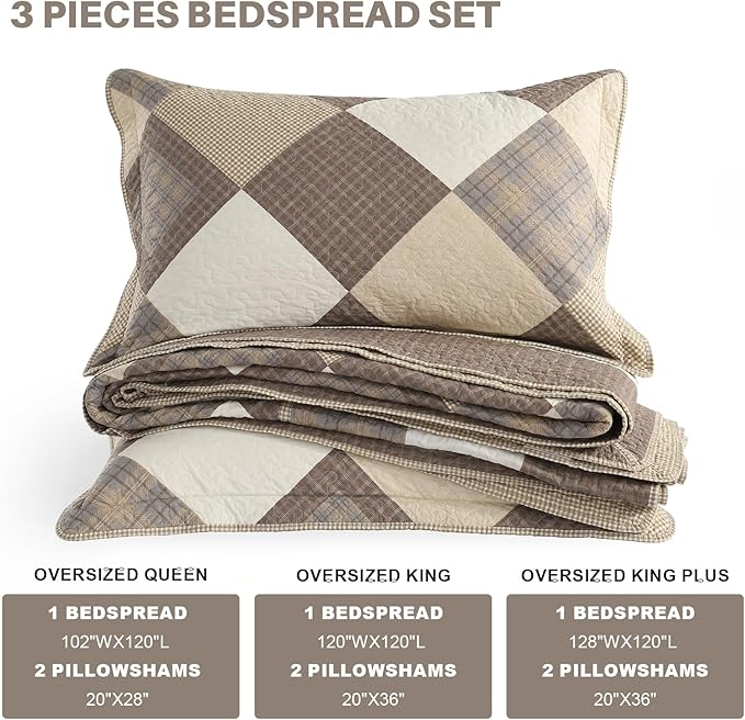 Oversized King Bedspread Quilt 120" x 120", 100% Cotton Lightweight Quilted Bed Spreads Coverlet Set Farmhouse Bedding Cover, 3 Piece, Brown/Beige/Khaki