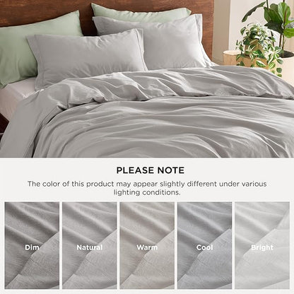 Bedsure 100% Washed Cotton Duvet Cover Queen Size - Light Grey Minimalist Cotton Duvet Cover Linen Like for All Seasons - GentleSoft™ Plain Simple Bedding (Queen, 90"x90")