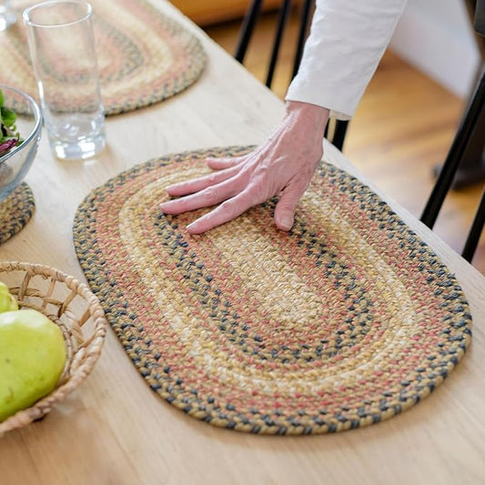 Homespice Russet Jute Braided Oval Placemats, Warm Country Decor, Set of 4, 13x19 Multicolor Table Mats - Vibrant Colors, Durable, Easy to Clean and Protects Furniture
