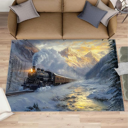 Train 3x4 Area Rugs,Forest and Mountains Bedroom Rug Winter Landscape Non-Slip Washable Rug for Living Room Nursery Kitchen Low-Pile Carpet