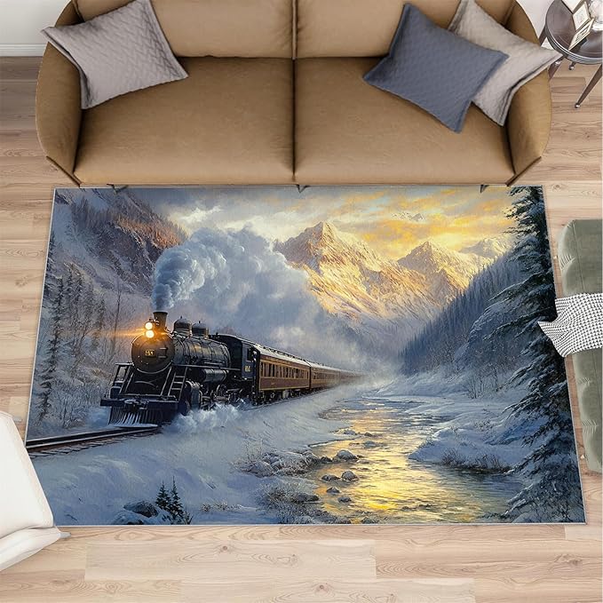 Train 3x5 Area Rugs,Forest and Mountains Bedroom Rug Winter Landscape Non-Slip Washable Rug for Living Room Nursery Kitchen Low-Pile Carpet