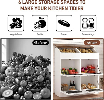 Large Wood Bread Box for Potato,Onion.Veggie Bin W/6 Large Storage Box.Root Vegetable Storage Box For Kitchen,Farmhouse Potato Storage Bin W/4 Mesh Doors,Bread Keeper for Toast,Bagel,Donut,Cookies