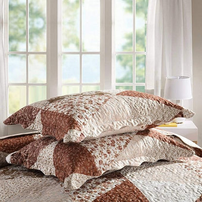 HoneiLife Queen Size 3 Piece Microfiber Quilt Set - Brown Triangle Pattern, 90x96 Inch